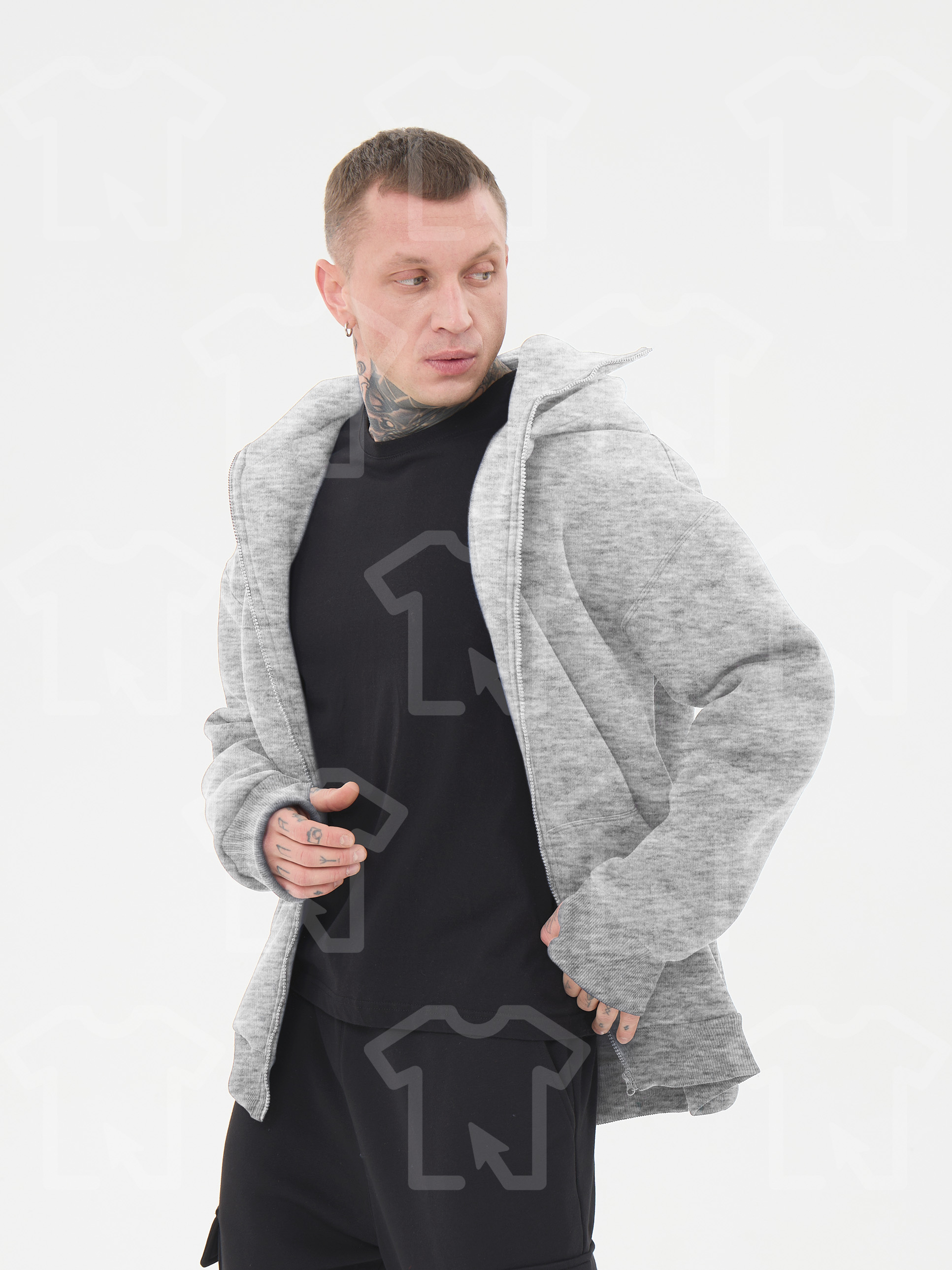 Худи Oversize BALACLAVA ZIP (на молнии) Премиум с начесом, цвет: серый-меланж, мужские